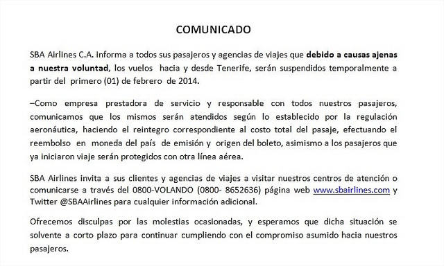 comunicado de santa barbara airlines suspension de vuelos a tenerife españa