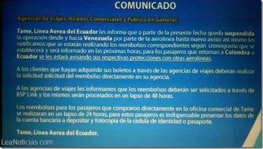 ¡TOME SU DINERO! Este es el comunicado de TAME a pasajeros con boletos adquiridos