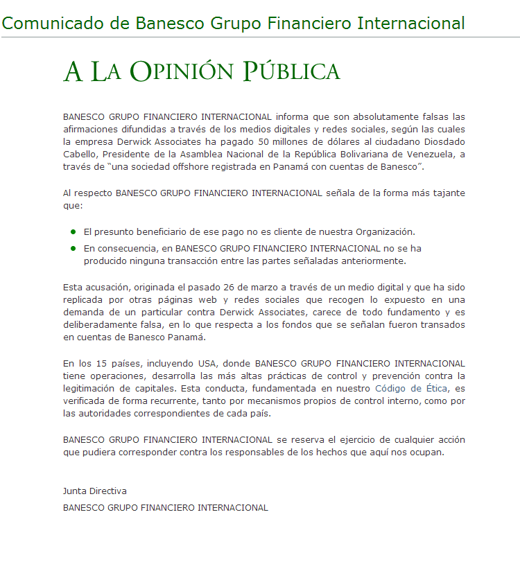 Comunicado de Banesco sobre Diosdado Cabello