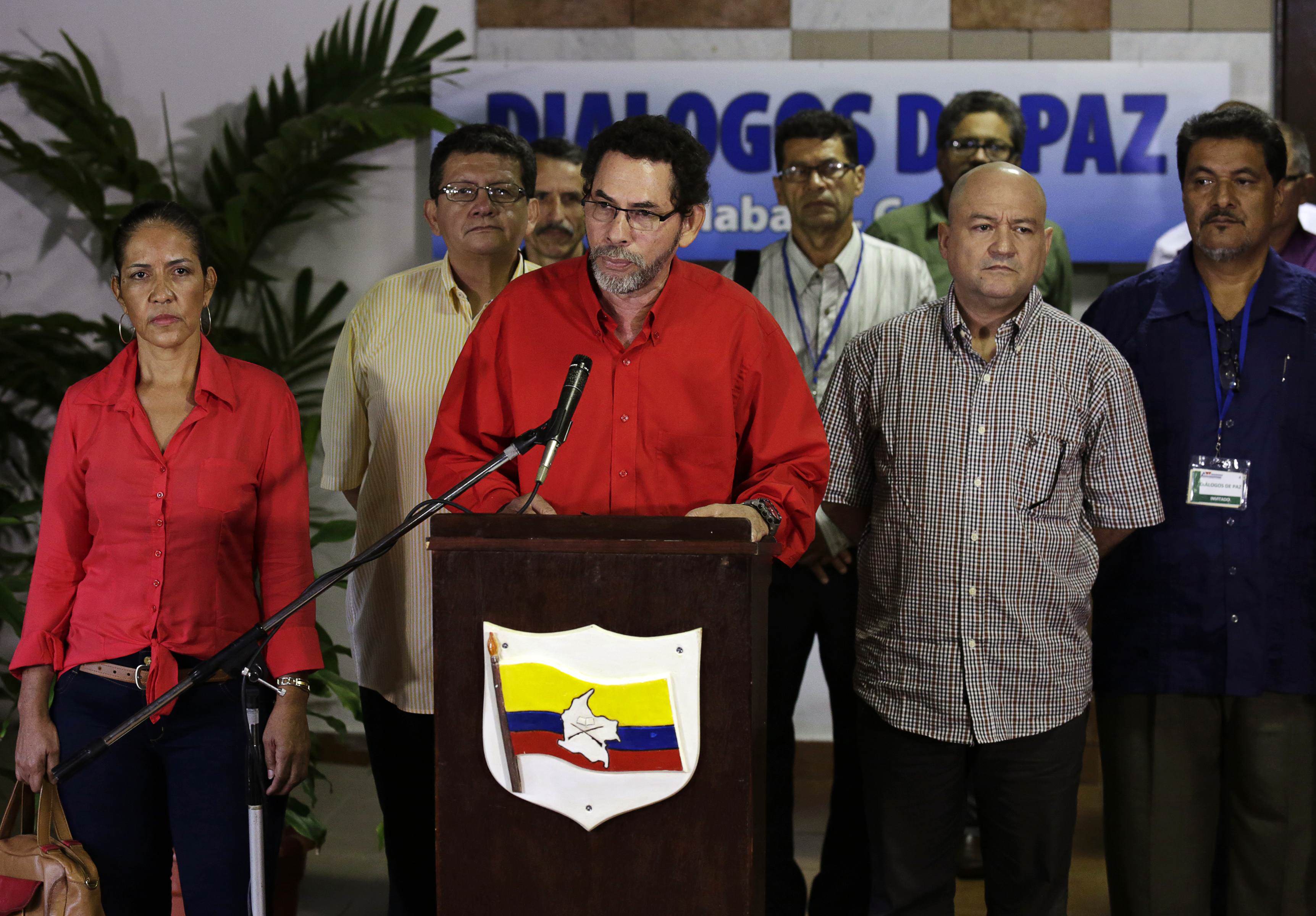 FARC negotiator Pastor Alape speaks to the media in Havana