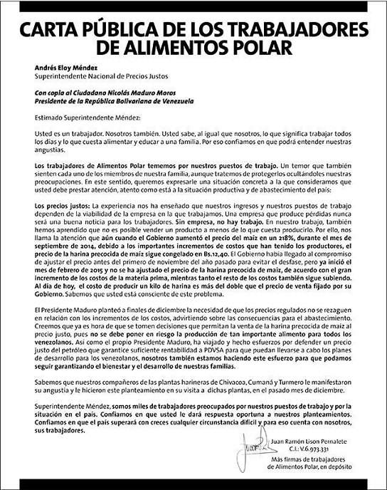 Carta Publica de trabajadores de Alimentos Polar