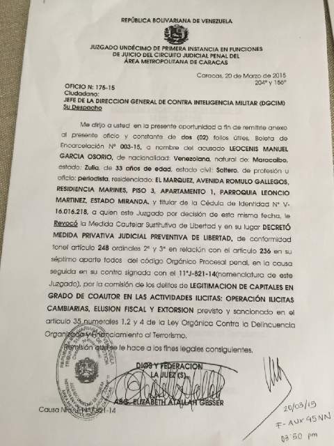 orden judicial detencion leocenis garcia