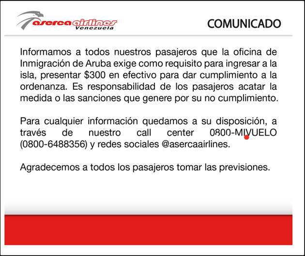 comunicado aserca airlines aruba