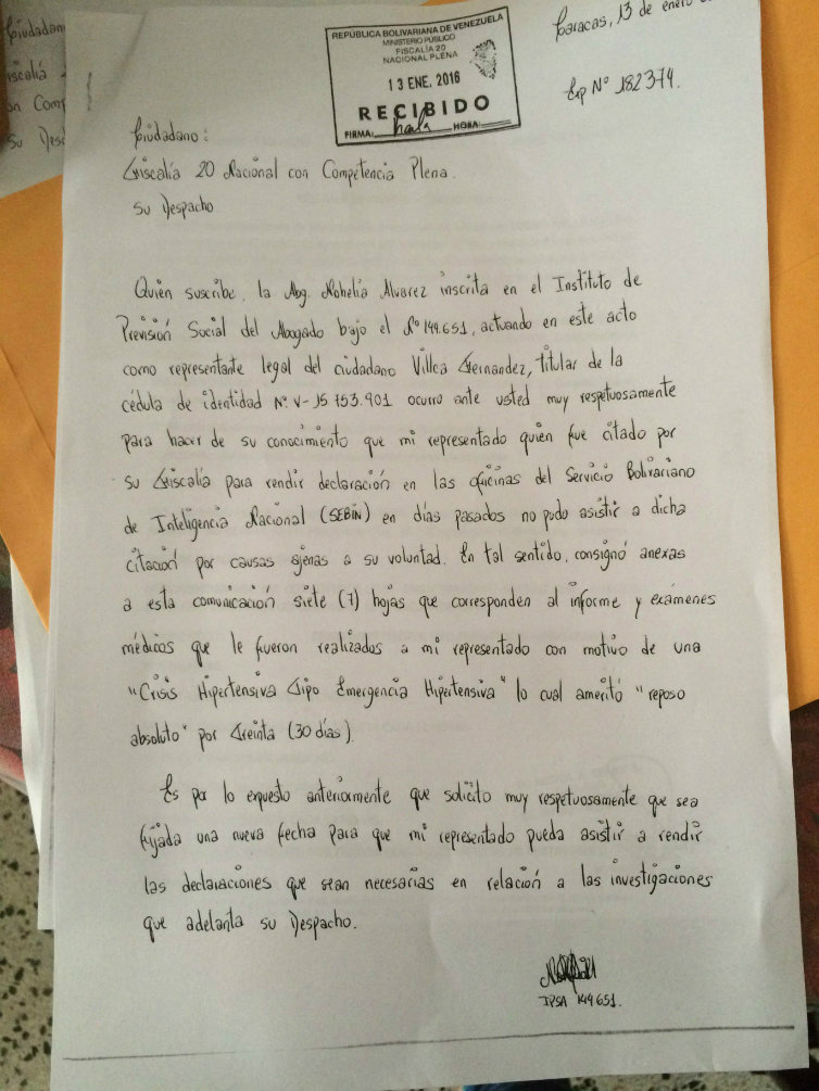 Documento explicativo sobre el estado de salud de Villca / Créditos: El Nacional