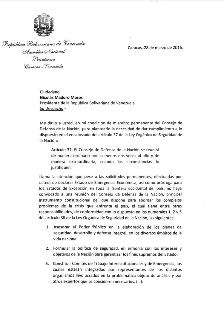 Allup pide consejo de defensa a Maduro