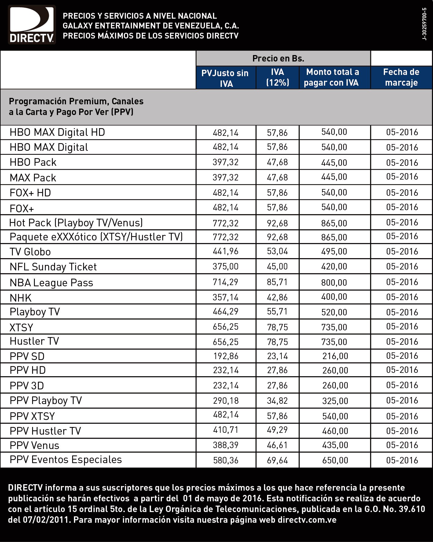 nuevos precios directv