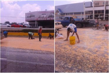 ¡ASÍ ESTAMOS! En Maracaibo recogen del suelo granos de maíz tras saqueo de gandola