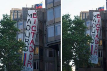 ¡IMPERDIBLE! Cuelgan en edificio de Barcelona-España una larga pancarta en rechazo a Maduro