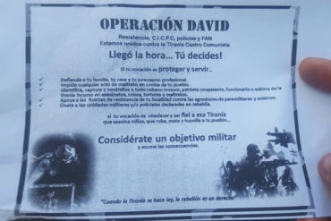 ¡TE LO MOSTRAMOS! Los volantes de la “Operación David” que aparecieron frente al Fuerte Paramacay