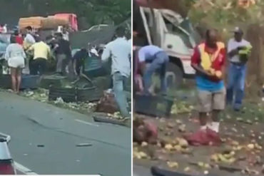 ¡MISERIA Y CAOS! Se volcó un camión de frutas y los habitantes de Tejerías y Paracotos no lo perdonaron (+Videos)