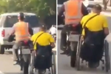 ¡INSÓLITO! Solo en Venezuela: un mototaxista transportando una persona en silla de ruedas (+Video)