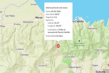 ¡LO ÚLTIMO! Funvisis reportó un sismo de magnitud 2.8 al suroeste de Puerto Cabello este #4Sep