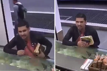 ¡QUÉ HORROR! El momento en que un hombre roba descaradamente con una sonrisa y un libro en mano que se parece a la biblia (+Video)