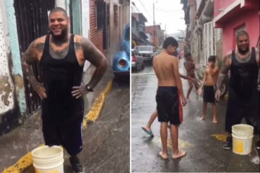 ¡RELAJADO! Budú no le paró y en medio de la calle recogió agua de lluvia por racionamiento del servicio (+Video)