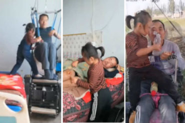 ¡MUESTRA DE AMOR!  Las conmovedoras imágenes de la niña de 6 años que cuida de su padre parapléjico (+Video)