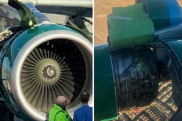 ¡QUÉ FUERTE! Pasajeros aterrorizados ven cómo se desgarra uno de los motores de su avión (+Video)