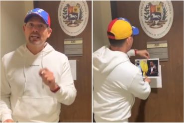 ¡SIN MIEDO! Venezolano llegó al Consulado de Venezuela en Houston para pegar fotografía de Guaidó (+Video)