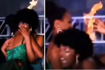 ¡BELLEZA QUE ARDE! El cabello de esta mujer se prendió en fuego tras ser coronada como Miss África (+Video impactante)