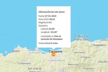 ¡ATENCIÓN! Reportan sismo de 4.5 grados de magnitud al suroeste de Carupano este #7Ene