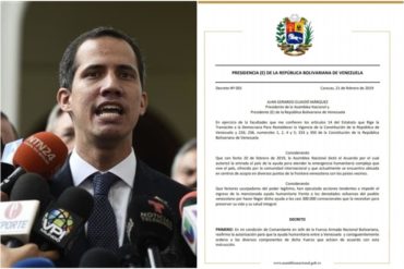 ¡NO PIERDE TIEMPO! Guaidó emite decreto presidencial en el que autoriza el ingreso de ayuda humanitaria y anuncia apertura de fronteras (Brinda garantías a la FAN)