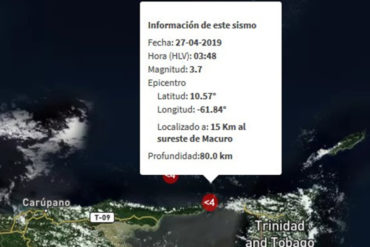 ¡ATENTOS! Reportan un sismo de 3.7 grados de magnitud en Macuro, estado Sucre, este #27Abr