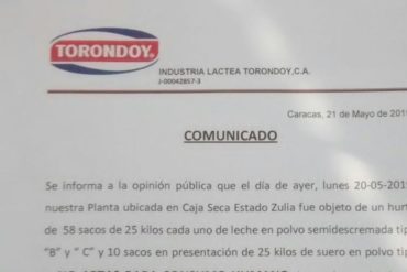 ¡ALERTA! Torondoy alerta sobre comercialización de leche “no apta para consumo humano” que fue hurtada en Zulia