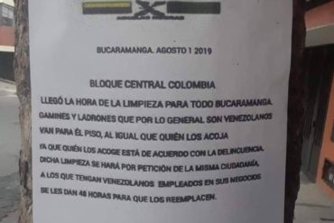 ¡XENOFOBIA! El amenazante cartel que dejaron en las calles de Bucaramanga para quienes emplean a venezolanos: dan 48 horas para reemplazarlos (+Foto)