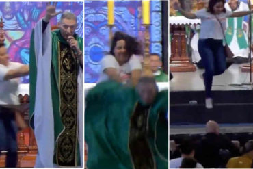 ¡QUÉ LOCA! Una mujer empujó y tiró en plena misa a un sacerdote brasileño (+Video)