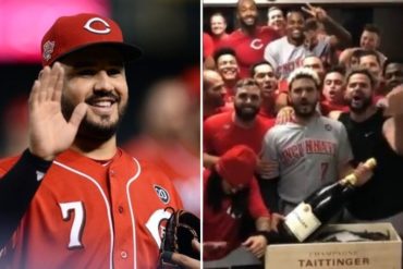 ¡EMOCIONANTE! Jugadores de los Rojos de Cincinnati cantaron el himno de Venezuela para celebrar el logro de  Eugenio Suárez (+Video)