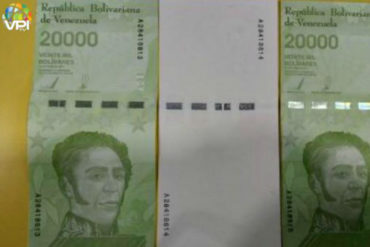 ¡SOLO EN REVOLUCIÓN! VPITV denuncia que lote de billetes de 20 mil bolívares sin una cara impresa sigue en circulación