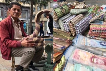 ¡INGENIOSO! El colombiano que aprovecha los bolívares devaluados para hacer figuras y venderlas en Bogotá (+Fotos)