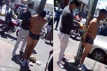 ¡TERRIBLE! Semidesnudo y atado a un poste eléctrico: Así terminó un hombre tras presuntamente intentar robar a mujer en cola de gasolina en Lara (+Video)