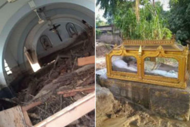 ¡VEA! “Un milagro”: entre lodo y escombros devotos hallaron intacto el Santo Sepulcro en iglesia inundada tras desbordamiento del río El Limón (+Video)