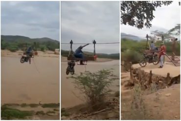 ¡VÉALO! Con una guaya se trasladan habitantes del sector Agua Clara en Falcón por crecida de río que los dejó incomunicados (+Videos)