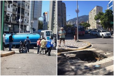 ¡LE MOSTRAMOS! En la insólita Venezuela socialista: una cisterna de agua potable quedó atrapada en un hueco en la Francisco de Miranda (+Fotos)