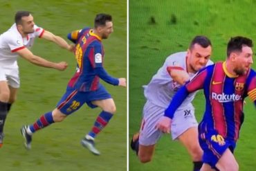 ¡PASÓ PENA! Jugador del Sevilla intentó agarrar por la espalda a Messi mientras este corría, falló y en redes no lo perdonaron (+Imperdibles memes)