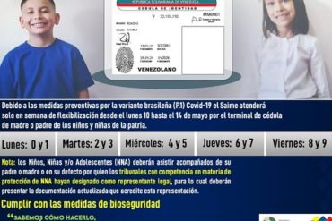 ¡DE INTERÉS! Saime informa que retomará cedulación de menores de edad y entrega de documentos durante flexibilización parcial (+Detalles)