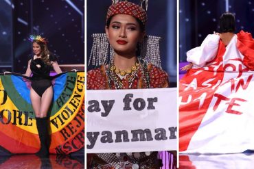 ¡SE LOS MOSTRAMOS! Los impactantes mensajes de protesta de Miss Uruguay, Miss Myanmar y Miss Singapur en el escenario del Miss Universo (+Videos)