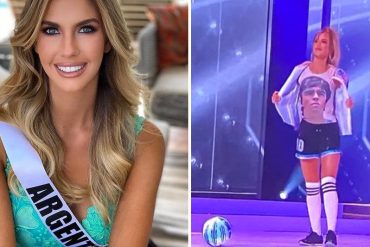 ¡VEA! El inesperado traje típico de la Miss Argentina en Miss Universo: El uniforme de Maradona (con balón incluido y todo)  (+Video)