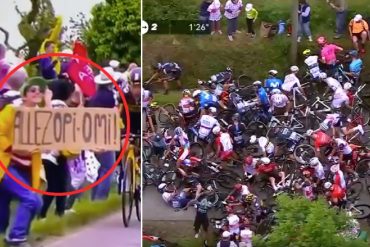 ¡QUÉ IMPRUDENTE! Una aficionada provocó una terrible caída masiva en el Tour de Francia: más de cien ciclistas cayeron en “efecto dominó” (+Video)