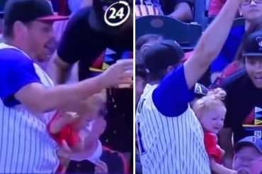 ¡CONTROVERSIAL! Este padre se volvió viral por preferir soltar a su bebé que a su vaso de cerveza para atajar una pelota (+Video)