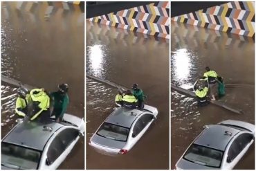 ¡VÉALO! El momento en el que repartidores de Yummy rescataron a una señora que quedó atrapada en su vehículo en la avenida Libertador por lluvias (+Video)