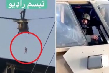 ¡VEA! Difunden video de talibanes volando helicópteros Black Hawk de EEUU con una persona colgando