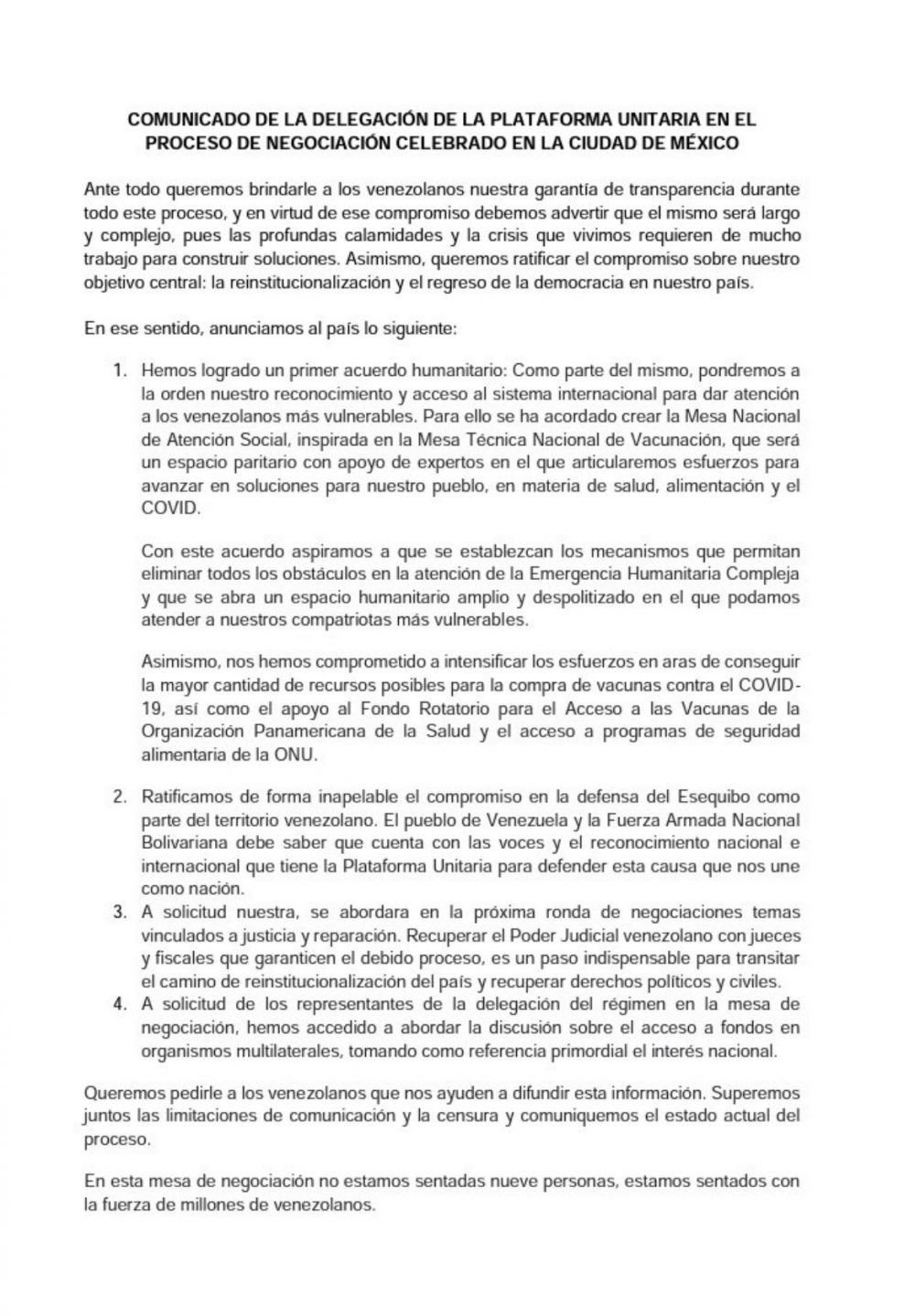 ¡AQUÍ ESTÁ! Este es el comunicado de la Plataforma Unitaria sobre los ...