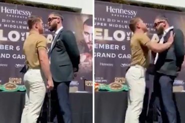 ¡AY, CHIAMO! Canelo Álvarez y Caleb Plant se fueron a los puños en la conferencia de prensa de promoción de su pelea en noviembre (+Video +túkiti)