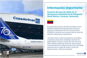 ¡DEBE SABERLO! Copa Airlines anuncia aumento de la tasa de salida de Aeropuerto de Maiquetía a partir de marzo