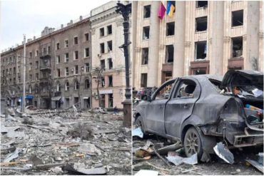 ¡MARCAS DE LA GUERRA! La destrucción que dejó el bombardeo de las fuerzas invasoras rusas en la plaza central de Kharkiv en Ucrania (+Fotos)