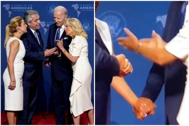 Pillaron a Biden estrechando prolongadamente la mano de la pareja del presidente de Argentina: luego la tocó en el brazo (+Video)