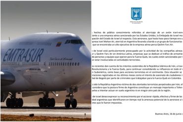 Israel en Argentina expresó preocupación por actividades en América Latina de aerolíneas de Irán, a las que acusó de “dedicarse a traficar armamento”