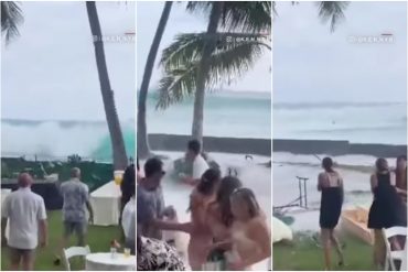 Enormes olas arrasaron con la celebración de una boda e inundaron casas cercanas a una playa en Hawai (+Video)